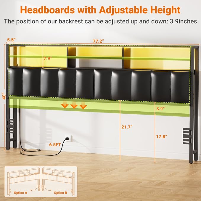 Aheaplus Headboard for King Size Bed with Storage, Upholstered Headboards | with Outlets, USB Ports and LED Light, Reversible King Size Head Board, Height Adjustable, Comfortable Headboard, Black