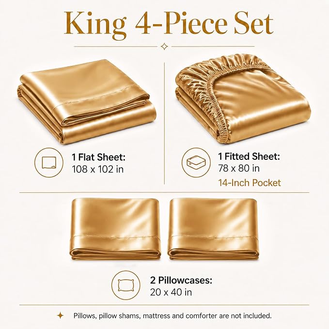 CozyLux Satin Sheets King, 4-Piece 14-Inch Deep Pocket Sheet Set | OEKO-TEX Certified Silky Soft Sheet Set for Hair & Skin, Luxurious Silky-Smooth Satin for Elegant Bedroom Decor, Gold
