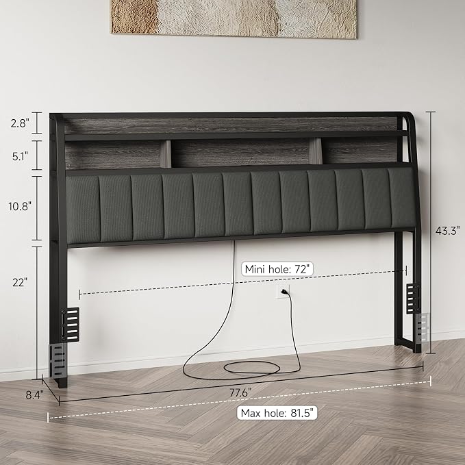 King Headboard Only with Storage, Charging Station, Black & Grey | Upholstered Headboards for King Size Bed with LED Light, Height Adjustable, Sturdy and Stable Headboard