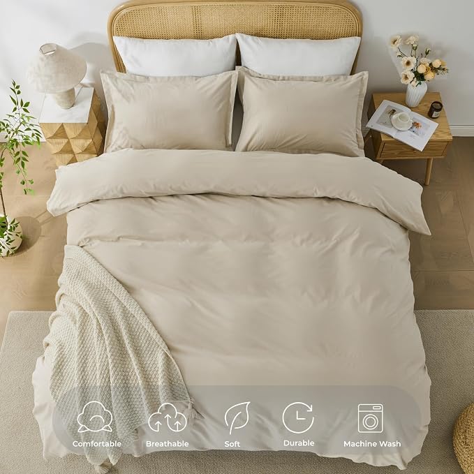 OAITE Duvet Cover Set 100% Washed Cotton Solid 3pcs | Soft,Durable,Long-staple Cotton,Hidden Zipper with 8 Interior Corner Ties,2 Pillowcases