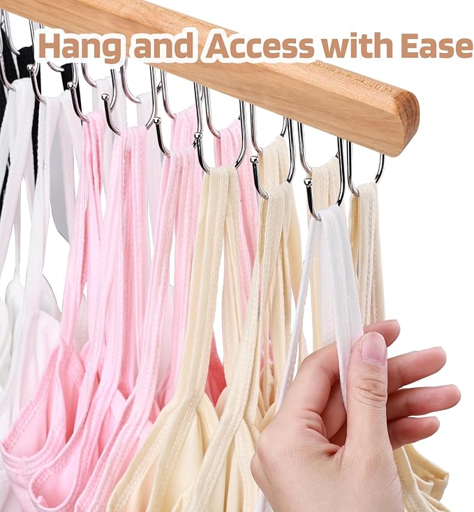 NECAMOCU 2 Pack Bra Hanger for Closet Organizer, Premium Tank Top Hangers | Wooden Bra Holder with 36 Foldable Hooks, 360° Rotating Design, Space Saving Storage for Tank Tops, Bras, Belts, and More