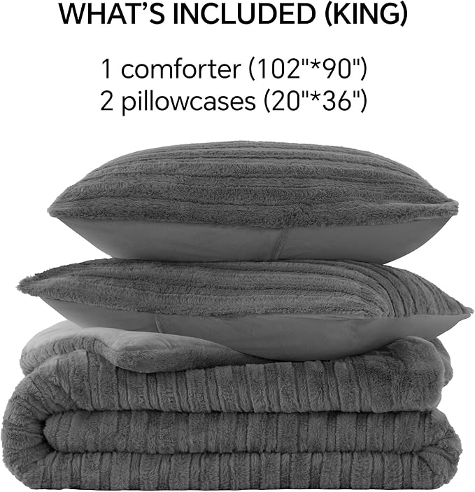 BEDELITE Faux Fur King Size Comforter Set, Fluffy Bed Set, Grey | Super Soft & Warm, Luxury Fuzzy Cozy Comforter for Winter, Heavy Plush Bed set, with 2 Pillowcases