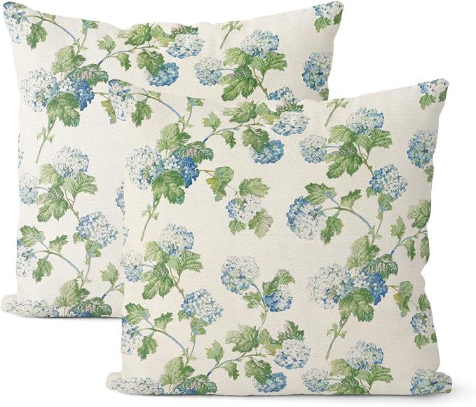 Blue Green Floral Pillow Covers 18x18 Inch 2 Pcs Vintage Flower Decor Throw Pillows Hydrangea Seasonal Spring Summer Outdoor Farmhouse Decoration Pillowcase Linen Cushion Cover for Couch Sofa Bed