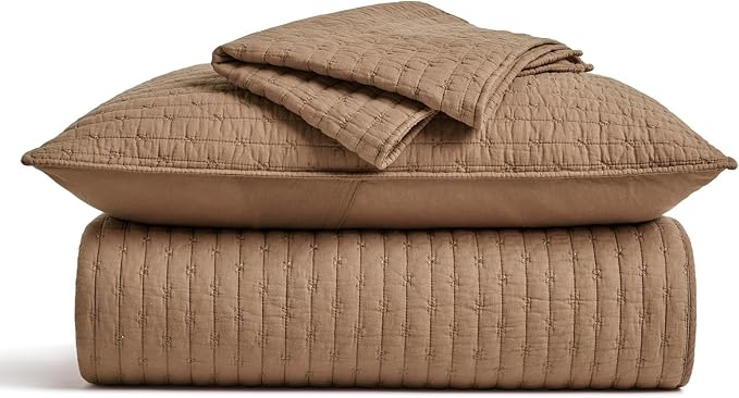 100% Cotton Cross Stitch 3-Piece Quilt Set, Queen, Camel Brown | 100% Cotton, Elegant Cross Stitch, Soft & Breathable, Prewashed Softness, Oversized Design, OEKO-TEX® Certified