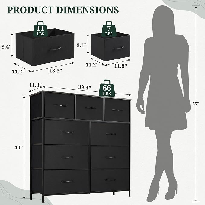 9-Drawer Dresser Anti-Tip Tall Storage Organizer | Chest of Drawers with Wooden Top and Metal Frame Fabric Bins for Bedroom, Closet, Hallway, Entryway, Ink Black
