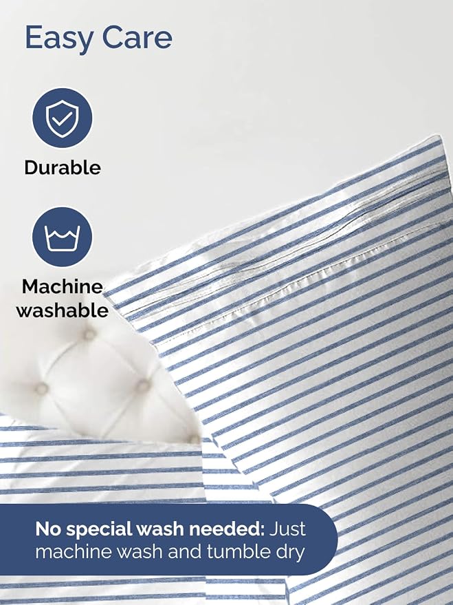 Extra Deep Full Fitted Sheet - Single Fitted Sheet Only - Blue Stripes | Easily Fits 18 inch to 24 inch Mattress, Soft, Wrinkle Free, Breathable & Comfy, Extra Deep Pockets Hotel Luxury Fitted Sheet