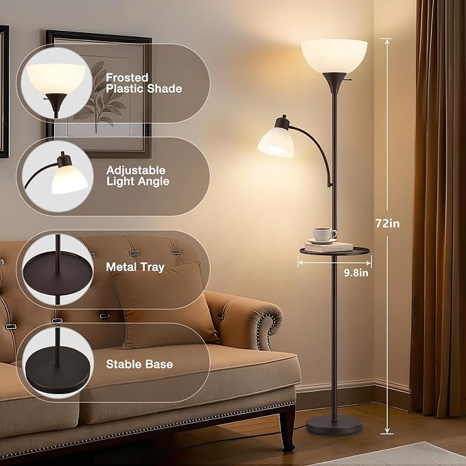 72" Floor Lamp with Table, Adjustable Reading Lights, Torchiere Floor Lamps | Modern for Living Room, Bedroom, Office, Brown【Bulb not included】