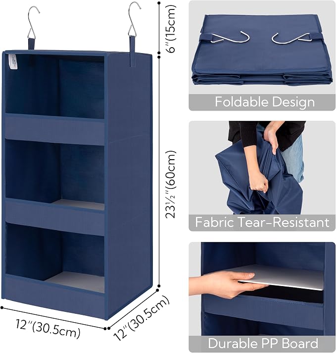 GRANNY SAYS 3-Shelf Hanging Closet Organizer, Foldable Storage, Navy | 33 lb Capacity, No-Sag Support, Keeps Clothes Neat, Folds Flat, Fits RV, Dorm & Small Closets, 2 Pack