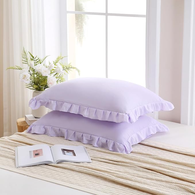 Merryword Lilac Purple Pillowcases King Size Ruffled Pillow Shams Set of 2 Cute Pillowcases Light Purple Shabby Chic Pillow Cover 2 Pack