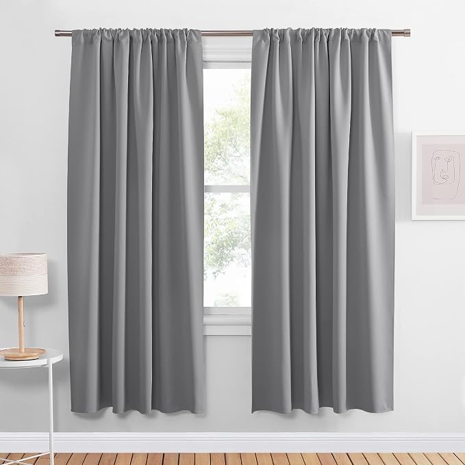 PONY DANCE Blackout Curtains for Bedroom, Rod Pocket Thermal Insulated Noise Reducing Noise Reducing Drapes for Living Room, W 52 x L 72 Inch, 2 Panels, Silver Grey