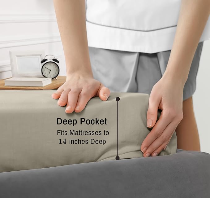 RUVANTI 100% Cotton Percale Sheets California King Size, Taupe | Crisp Cooling for Hot Sleepers, Deep Pocket 14", Soft Breathable & Durable, Hotel-Style 4 Piece Set