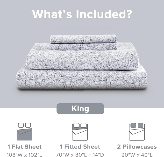 Comfort Spaces 100% Cotton Percale Sheets King Sheet Set 4 Pcs, Adelia Gray | Crisp, Cool & Breathable Bed Sheets, 14" Deep Pocket Fits Up to 16" Mattress, Lightweight, All Season Cozy, with Pillow Case
