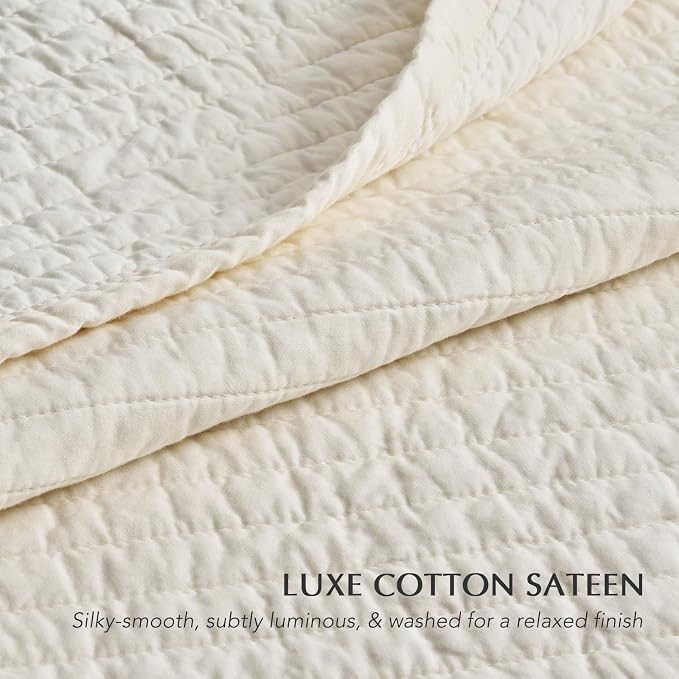EVERGRACEHOME Cotton Sateen Quilt Set, King Size, Cream | 100% Cotton, Channel Stitch Coverlet Bedspread, Pre-Washed Lightweight Soft Bedding Set for All Season, 3 Piece, with 2 Shams