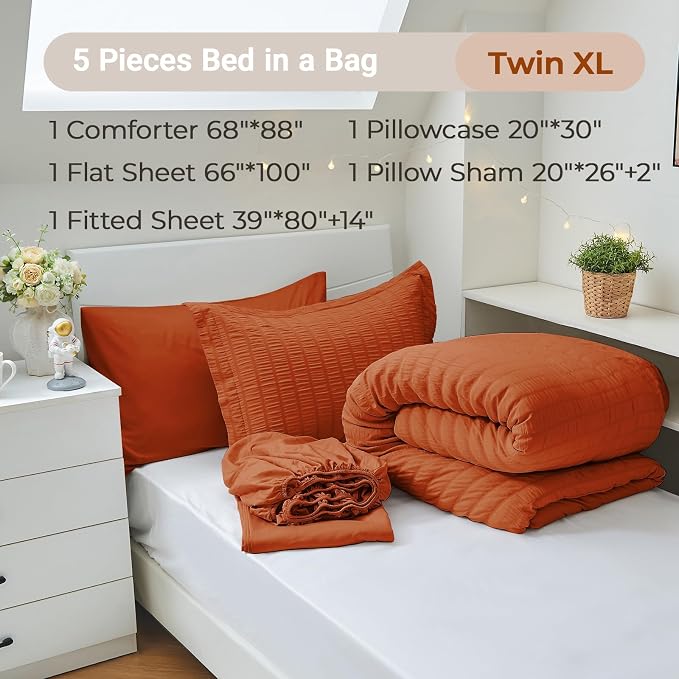 5 Pieces Twin XL Comforter Set, Seersucker Bed in a Bag Twin XL Size, All Season Luxury Bedding Set with Comforter, Flat Sheet, Fitted Sheet, Pillowcase & Sham, Burnt Orange