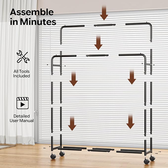 Simple Trending Clothing Clothes Rack, Double Rod Garment Rack, Black | Portable Closet with Bottom Shelf, Anti-Slip Stoppers, 360° Lockable Wheels, Multiple Uses, Bedroom, Laundry Room