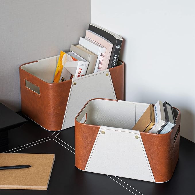 LA JOLIE MUSE Faux Leather Storage Baskets for Organizing, Beige 2 Pack | Fabric Storage Bins, Sturdy Decorative Organizer Baskets for Closet, Shelf, Office Cabinets, Toys, Books and Home Essential