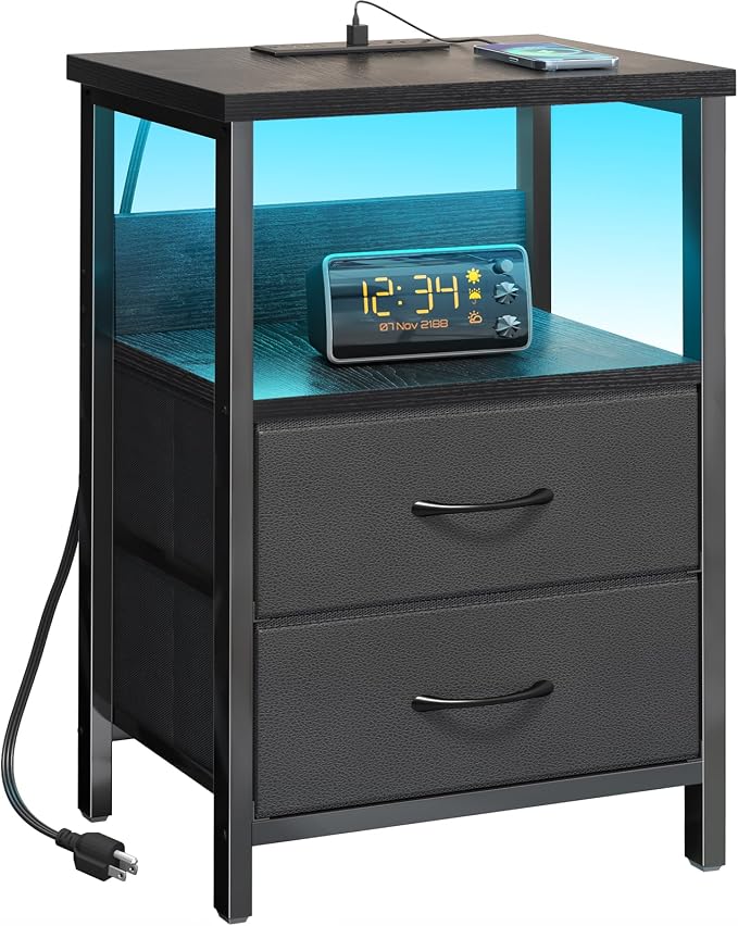 Fixwal Night Stand with Charging Station, Black Led Nightstand, 2 Drawers | fabric drawer, built-in bedside charger, 2 AC outlets & 2 USB ports, open top shelf, small bedroom furniture, end table