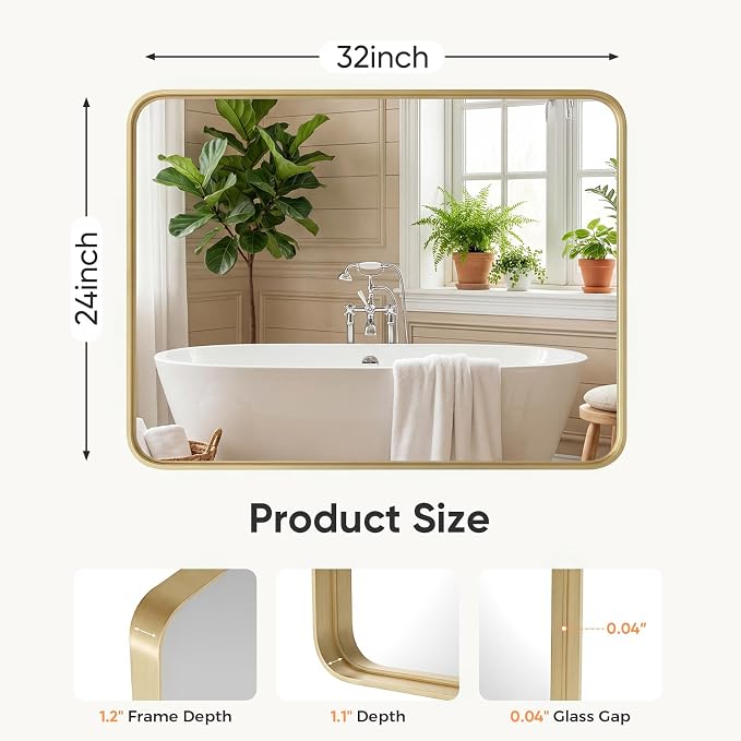 Sweetcrispy Bathroom Wall Mirror, 32x24 Inch Mirror for Over Sink, Gold | Modern Wall Mount Vanity Mirror, Rounded Rectangle with Matte Brush Metal Framed, for Home Decor, Living Room, Bedroom