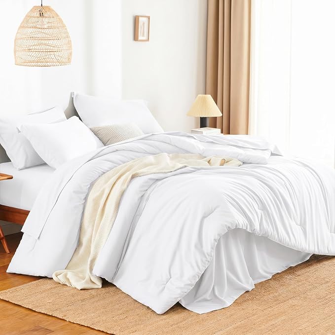HIMEET Queen Comforter Set, 7-Piece Point-Quilted Bed in a Bag White | OEKO-TEX Certified, Lightweight 240 GSM Comforter, Flat Sheet, 14-Inch Deep-Pocket Fitted Sheet, Pillowcases & Shams
