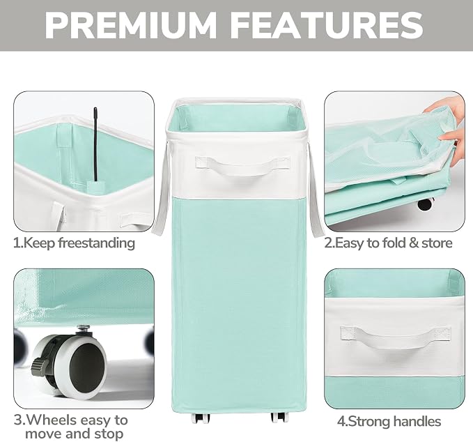 Goodpick Laundry Basket with Wheels, 75L Laundry Hamper with Wheels, Large Laundry Basket with Removable Wash Bag, Clothes Hamper for Laundry, Blue&White | Clothes Hamper with Removable Wash Bag for Laundry Room, Large Rolling Laundry Basket with Handl...