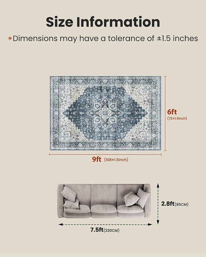 AMADA HOMEFURNISHING 6x9 Area Rugs, Blue Low-Profile Washable Rug with Non-Slip Backing & Durable Edge Binding, Vintage Rugs for Living Room, Bedroom, Dinning Room