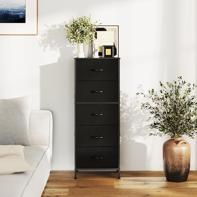 Sweetcrispy Black Storage Drawer Bedroom Dresser, Tall Dresser for Closet | Chest of 5 Drawers for Home Storage with Fabric Bins, Narrow Nightstand, Durable Clothes Oragnizer