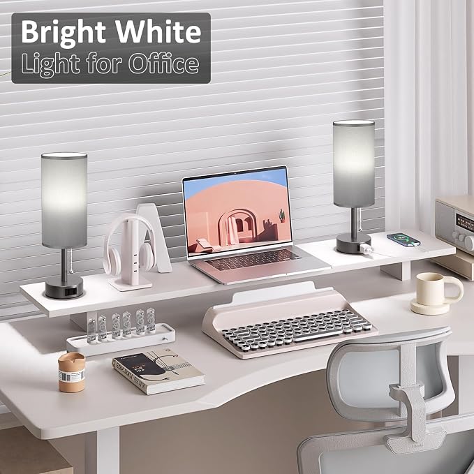 Dark Grey Bedside Table Lamps Set of 2 - Bedroom Lamp for Desk, AC Outlet | 3CCT(3000K/4000K/5000K), LED Bulbs Included, Dark Grey Fabric Lampshade, 14in Small Lamp for Nightstand, Guest Room, Dorm