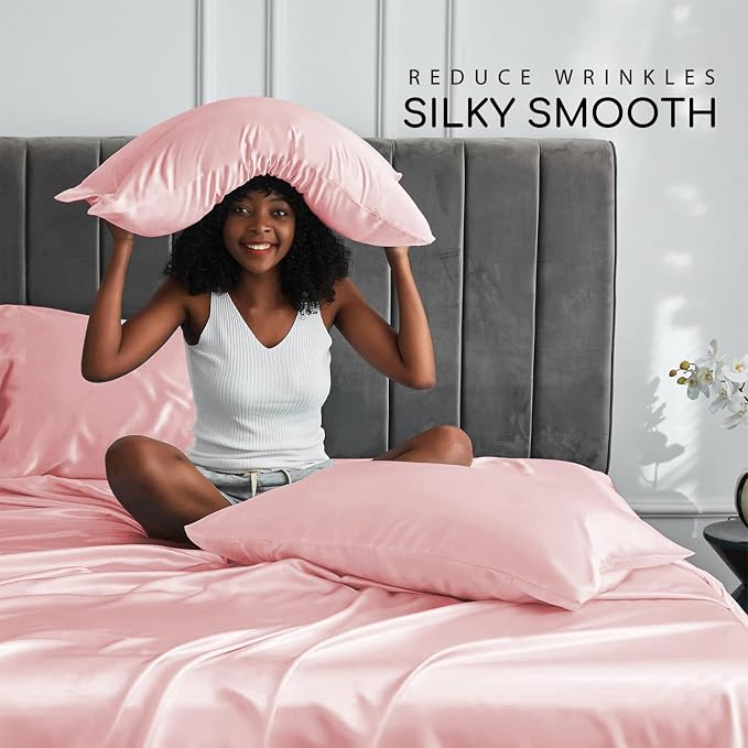 MR&HM Satin Sheets Full Size with Elastic Corner Straps, Light Pink | Similar to Silk, 4-Piece Silky Soft Bed Sheet Set, Gentle on Skin and Hair, 15" Deep Pocket, Cooling & Breathable