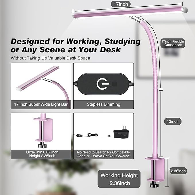 Airlonv LED Desk Lamp with Clamp, 17" Stepless Dimming Light (Pink) | 2700K-6500K, 100 LEDs, 360° Gooseneck, Fits Up to 30" Monitors, Flicker-Free Lighting for Home Office, Study& Workbench