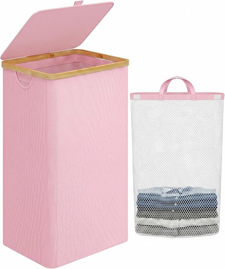 IEGrow Laundry Hamper with Lid,110L Laundry Basket with Mesh Bags,Pink | Dirty Clothes Hamper Basket with Bamboo Handle for Clothes Towels