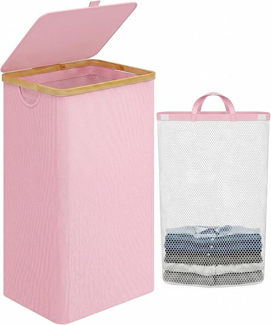 IEGrow Laundry Hamper with Lid,110L Laundry Basket with Mesh Bags,Pink | Dirty Clothes Hamper Basket with Bamboo Handle for Clothes Towels
