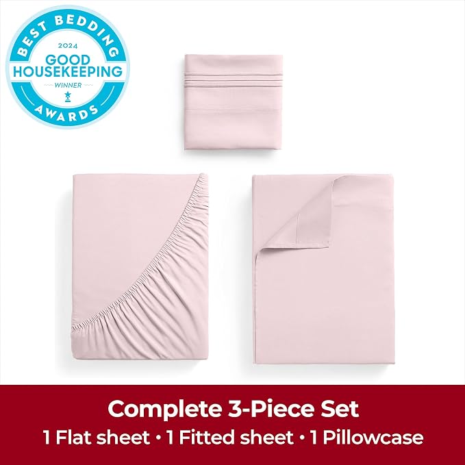 Mellanni Iconic 3-Piece, Ultra Soft Sheet Set (Twin XL, Blush Pink) | 10M+ Sleepers. Lab-tested: Sleeps Cool, Stays Bright, Strong, Smooth. Good Housekeeping Best Bedding, 7 yrs running.