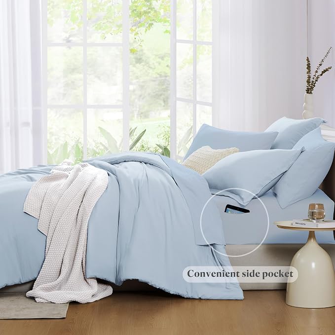 King Size Comforter Set- 7 Pieces Prewashed Bed in a Bag King Bedding Sets | Soft All Season Comforter with Sheets, Pillow Shams & Pillowcases,Ice Blue