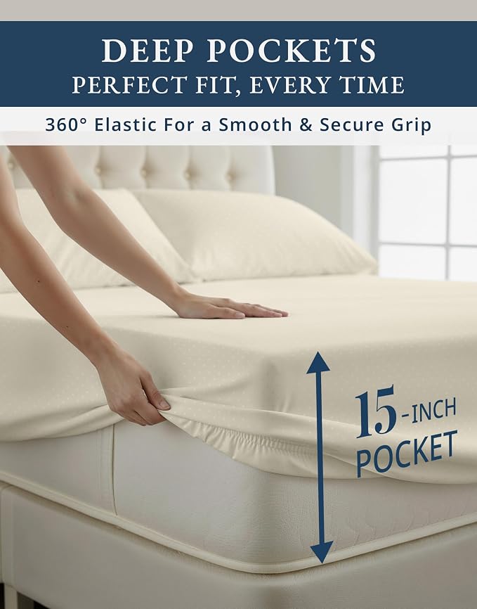 LANE LINEN King Bed Sheet Set 100% Egyptian Cotton Sateen - Ivory | King Size Cotton Sheets - 4-Piece Set, For A Luxurious Night's Sleep, For Guests And Everyday Use, Luxe Sheen,