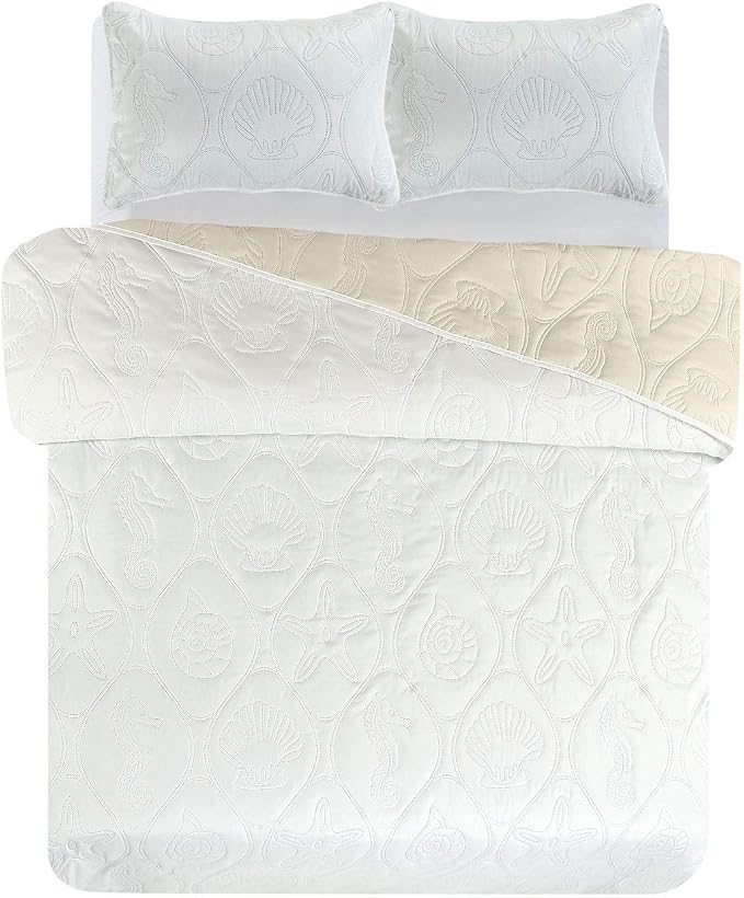 Legacy Decor 3 PCS Shell & Seahorse Reversible All Season Bedspread Quilt Coverlet Oversize Ivory & White Color, Queen Size