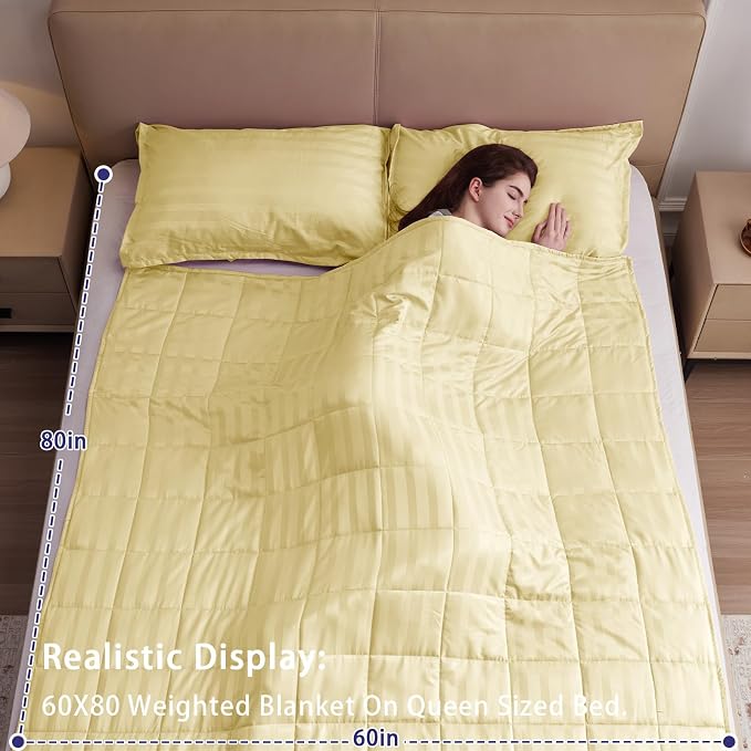 Weighted Blanket for Adults (25 lbs, 60" x 80", Mustard yellow Stripes) Heavy Blanket for Sleeping Perfect for 240-260 lbs, Queen Size Breathable Blanket with Premium Glass Bead, Machine Washable