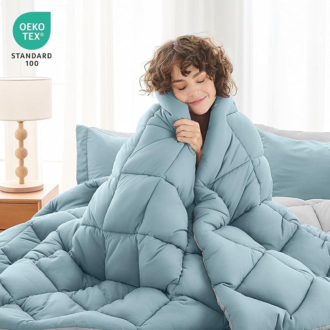 7 Pieces King Comforter Set, Reversible Bed in a Bag King Size, All Season Bedding Set with Comforter, Flat Sheet, Fitted Sheet, Pillowcases & Shams, Greyish Blue & Light Grey