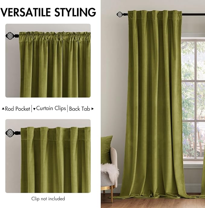 MIULEE Velvet Curtains 52x84 inches 2 Panels Moss Green Blackout Curtains | Luxury, Bedroom Living Room, Thermal Insulated, Super Soft Window Drapes, Rod Pocket & Back Tab