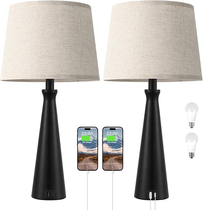 Modern Touch Lamps for Nightstand, 3 Way Dimmable Bedroom Lamp Set of 2 | USB C+A Charging Ports, Black Bedside Lamps for Bedroom, Living Room, End Table, Bed Side, LED Bulb Included
