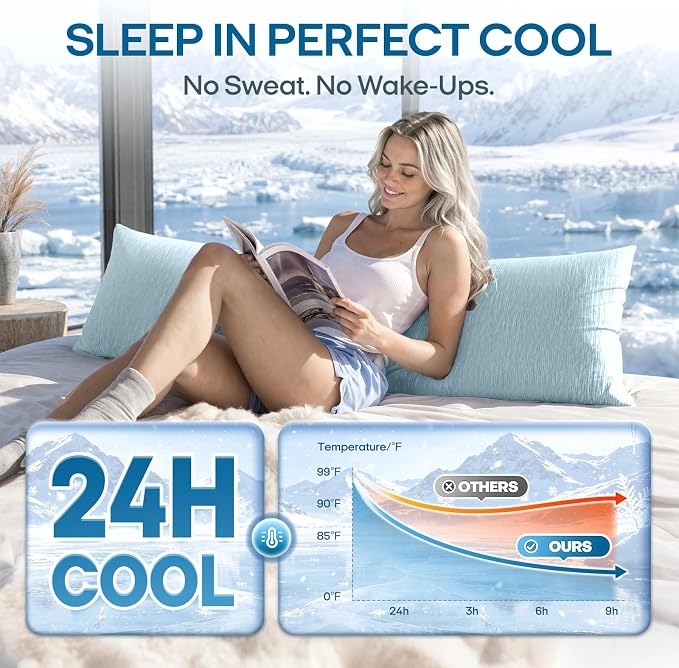 ZonLi Cooling Body Pillowcase for Hot Sleepers, Breathable Body Pillow Cover, Double-Sided Cooling Fabric, Soft Silky Touch, Ideal for Night Sweats, 20 x 54 Inch, Blue
