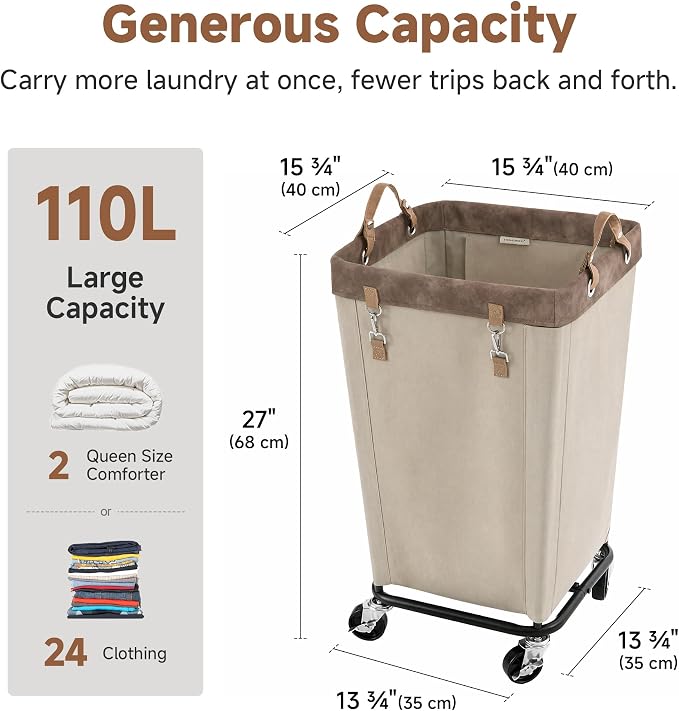 StorageWorks 110L Laundry Basket with Wheels, Rolling Hampers for Clothing | Light Kahki Laundry Rolling Cart with Handles for Bedroom, Bathroom, Dorm, Hotel