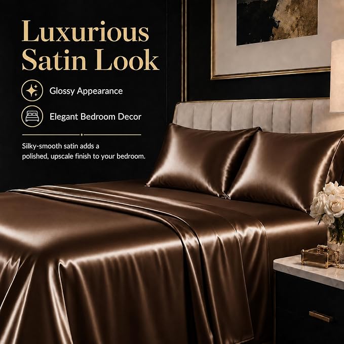 CozyLux Satin Sheets Full, 6-Piece 14-Inch Deep Pocket Sheet Set | OEKO-TEX Certified Silky Soft Sheet Set for Hair & Skin, Luxurious Silky-Smooth Satin for Elegant Bedroom Decor, Brown