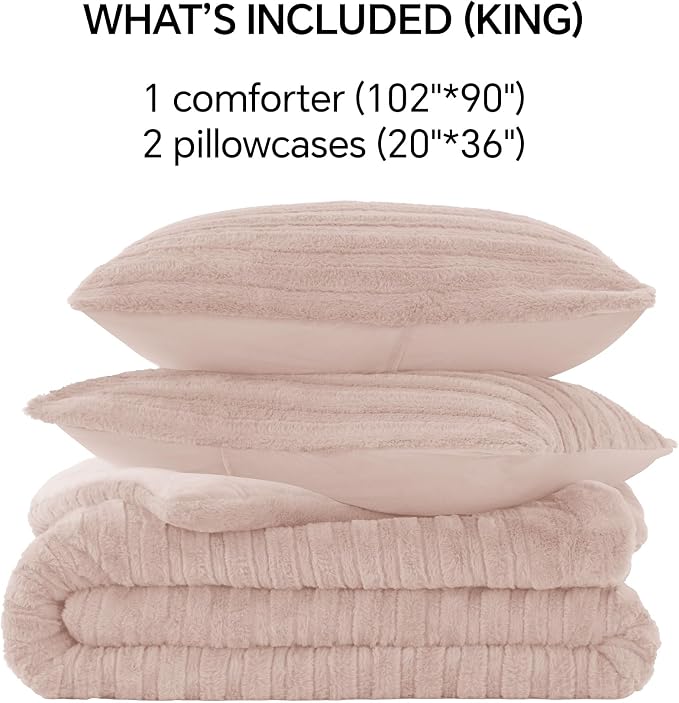 BEDELITE Faux Fur King Size Comforter Set, Fluffy Bed Set, Pink | Super Soft & Warm, Luxury Fuzzy Cozy Comforter for Winter, Heavy Plush Bed set, with 2 Pillowcases