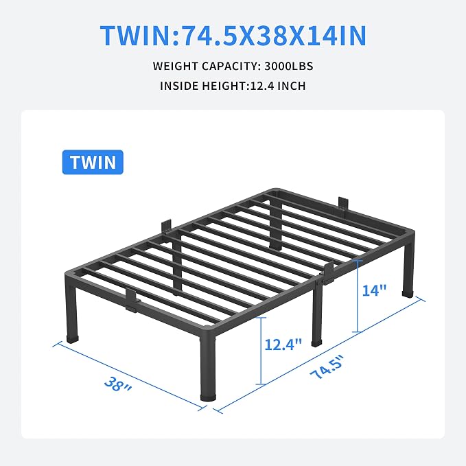 MAF 14 Inch Twin Metal Platform Bed Frame with Round Corner Legs | Mattress Baffle, 3000 LBS Heavy Duty Steel Slat Support, Noise Free, No Box Spring Needed, Easy Assembly, 12.4" Storage Space
