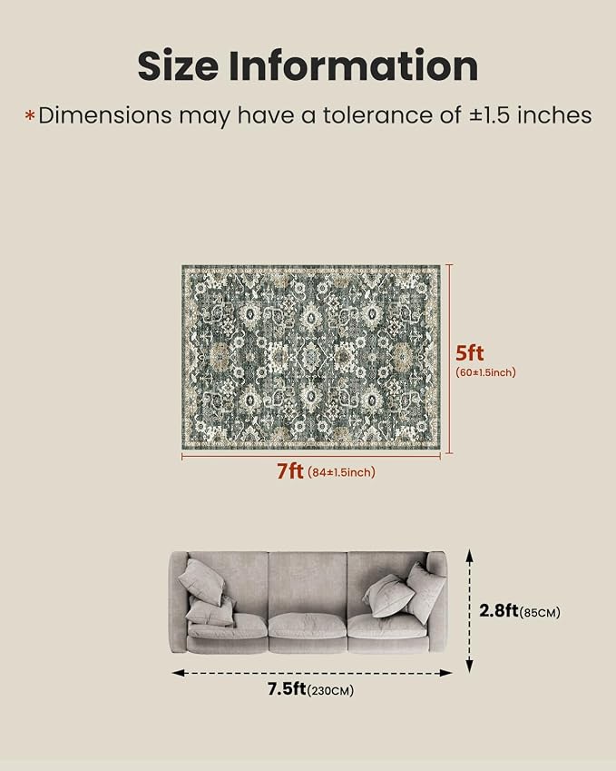 AMADA HOMEFURNISHING 5x7 Area Rugs, Washable Living Room Rug Low-Profile with Non-Slip Backing & Durable Edge Binding, Vintage 5x7 Rugs for Living Room, Bedroom, Dining Room