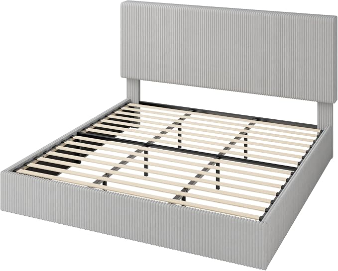 Allewie King Bed Frame, Adjustable Corduroy Headboard, Platform, Grey | Adjustable Headboard, Corduroy Fabric, Low Profile, Wooden Slats, 1000 lb Capacity, No Box Spring Needed