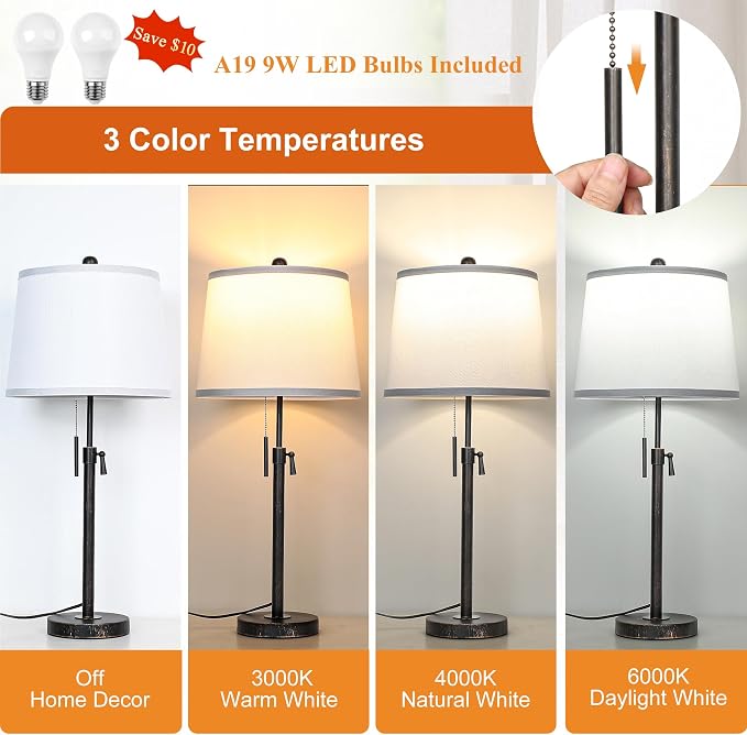 Adjustable Height Table Lamps Set of 2 22-30in Retro Black Brush Gold Modern Nightstand with White Shade 3 Color Temperature Pull Chain Bedside Lamps for Living Room Bedroom Hallway(Bulbs Included)