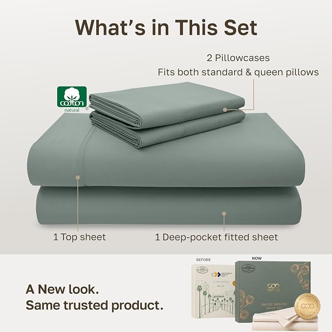 California Design Den Luxury 600 Thread Count Queen Bed Sheets Set | 100% Cotton Sateen Backed by Good Housekeeping Seal, Soft & Smooth, 16" Deep Pocket, Easy Care - Sage Green - Cool Tone