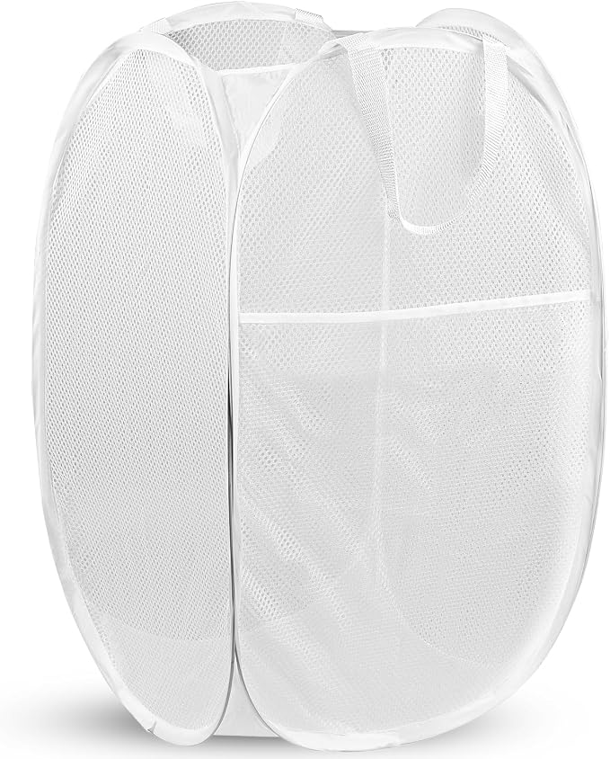 Pop Up Laundry Hamper, 70 L Collapsible Mesh Basket with Side Pocket, White | Reinforced handles, breathable fabric, foldable, portable for dorm college travel camping cruise, dirty clothes, toys storage