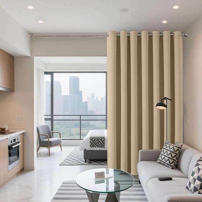Joydeco Blackout Patio Sliding Door Curtains, Privacy Room Divider Curtains | Extra Wide Thermal Blackout Curtains for Bedroom Living Room, Curtain for Patio Door (Light Beige, 100Wx96L, 1 Panel)